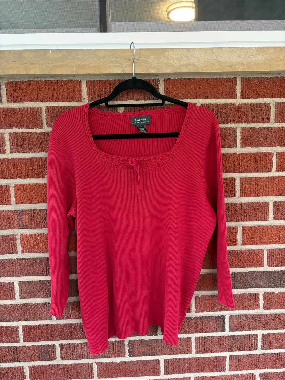 Lauren Ralph Lauren Red Ribbed Scoop-Neck Long Sleeve Top
